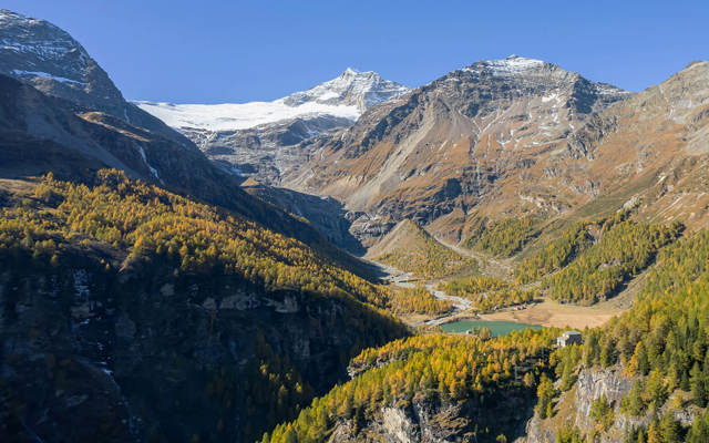 Panorama alpino con ghiacciaio, bosco di larici e piccolo lago in una valle di montagna autunnale.