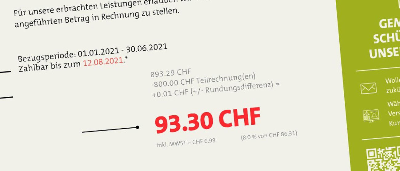 Stromrechnung mit Endbetrag von 93.30 CHF – Symbol für leicht steigende Tarife durch Winterreserve 2024.