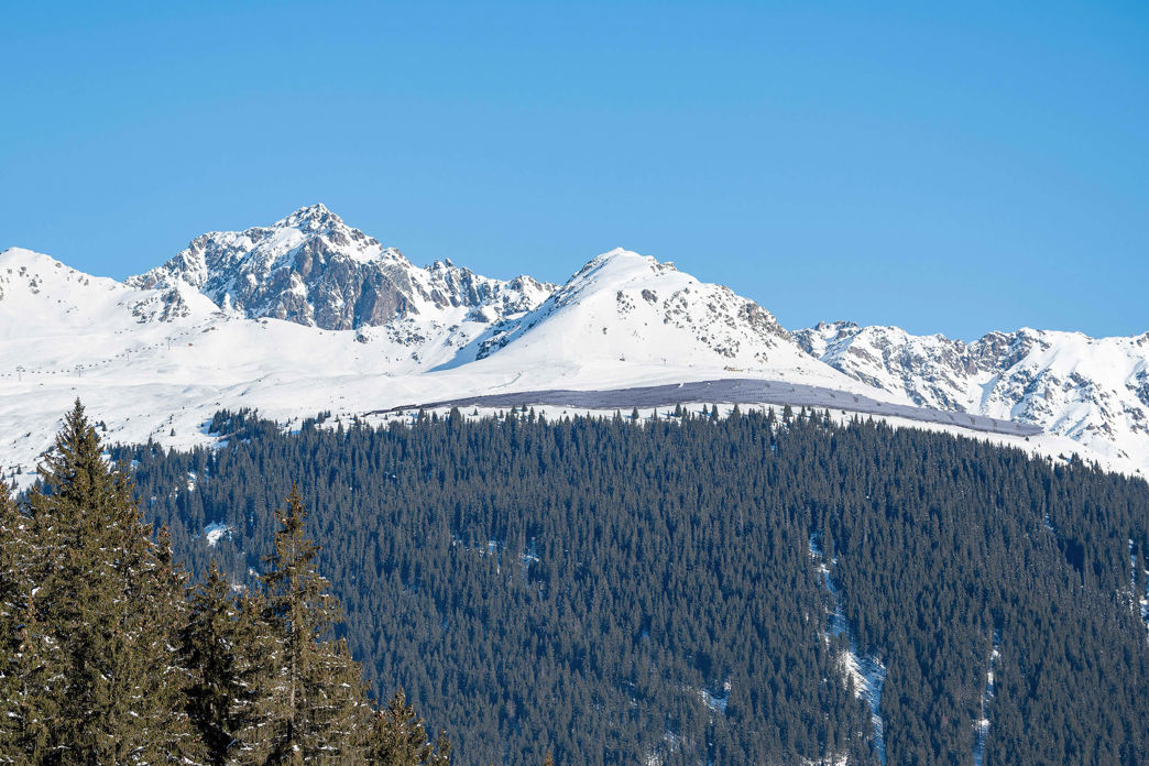 Visualisierung der alpinen Solaranlage Madrisasolar oberhalb Klosters, eingebettet in verschneite Berglandschaft.
